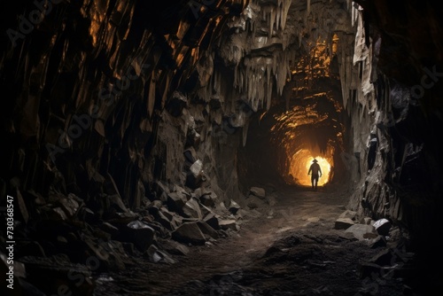 Subterranean Mine tunnel cave railway. Rock dark mineral. Generate Ai photo