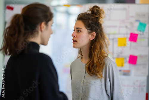 Technologically proficient female colleagues engaged in an intense discussion over software designs in a contemporary co-working space that buzzes with inspiration  collaboration  and productivity