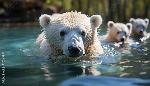 Cute bear cub swimming in icy pond, looking at camera generated by AI