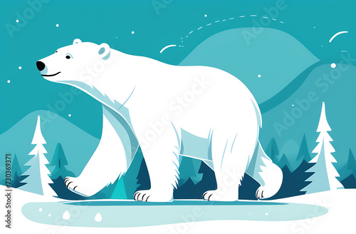 polar bear walks through the winter forest