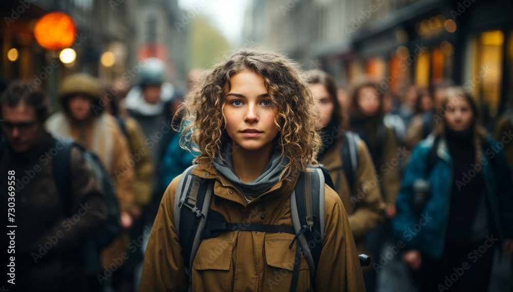 Young adults walking in the city, smiling, looking at camera generated by AI
