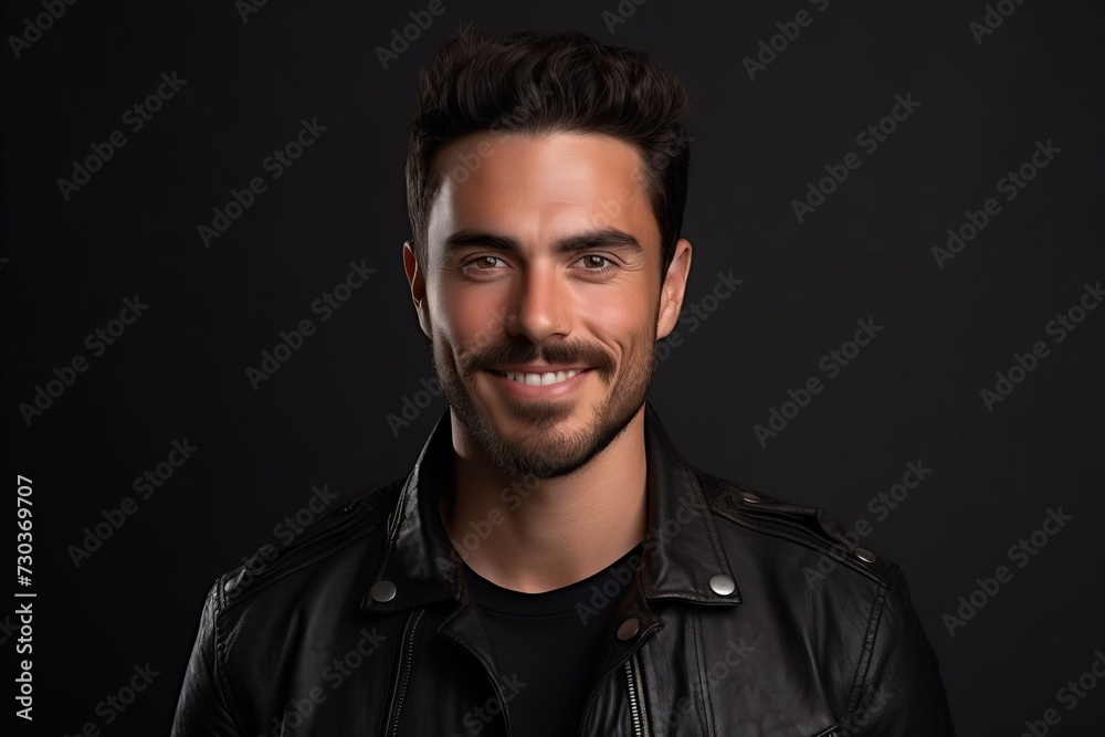 Portrait of a handsome young man in a leather jacket on a dark background. Portrait of a handsome young man in a leather jacket on a dark background.