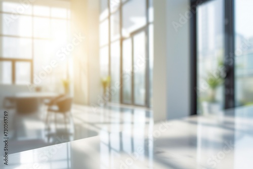 Abstract blurred interior with large sunny windows and white walls, coffee room or office background