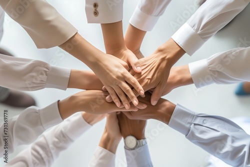 Business people, hands and bottom of team for support, hope or solidarity of success, synergy or victory for winning. Closeup, group collaboration and trust of mission, agreement or circle from below