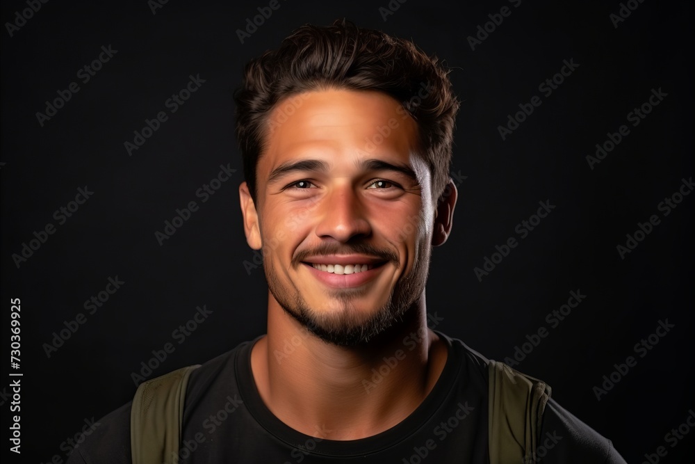 Portrait of a handsome young man smiling on a black background.