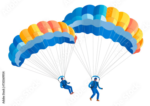 Parachutists in skydiving adventure. Two skydivers descend with colorful parachutes.