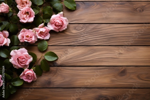 Background. Roses flowers over rustic wood background.