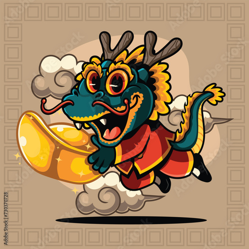 Dragon Cartoon Character Holding Gold Ingot © tooner.studio