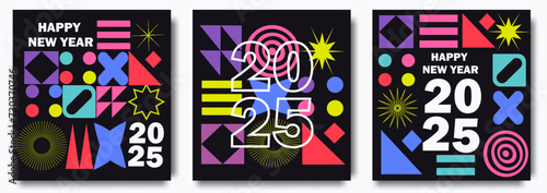2025 Happy New Year posters set. Vector design templates on geometric style. Design templates with typography logo 2025 for celebration and season decoration. Minimalistic trendy backgrounds. 