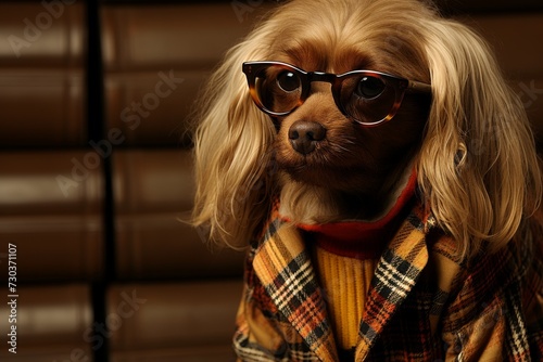 Portrait of a ruby cavalier king charles spaniel dog dressed in a shirt, bow tie and wear glasses © Ordasi  Tatyjana