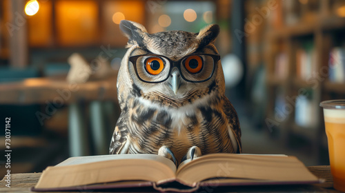 a hipster owl wearing glasses and reading a book at a cozy cafe, blending intellectual charm with avian charisma