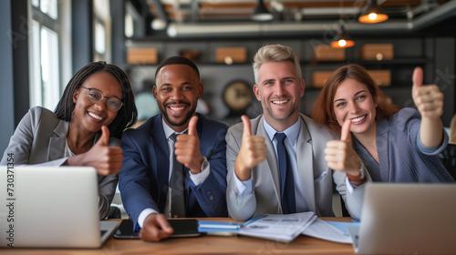 corporate synergy: professionals express approval with thumbs up