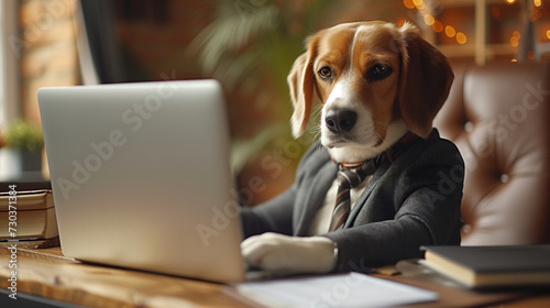 a dog dressed in business attire, sitting behind a desk with a laptop