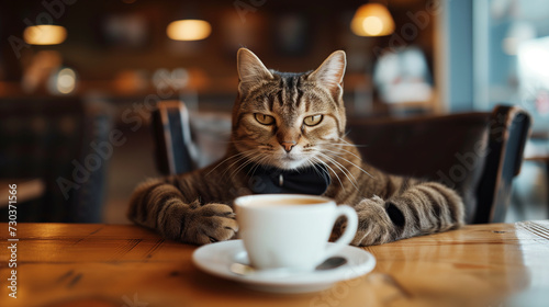 a charming scene of a well-dressed cat enjoying a cup of coffee at a stylish cafe. anthropomorphism concept