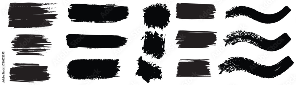 Black set paint, ink brush, brush strokes, brushes, lines, frames, box, grungy. Grungy brushes collection. Brush stroke paint boxes on white background - stock vector. 