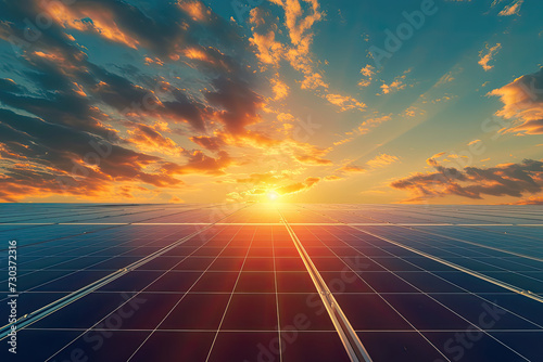 Large solar panels at a solar farm at bright spring sunset