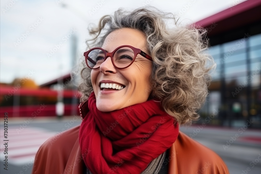 Portrait of a beautiful woman with curly hair wearing red scarf and glasses Portrait of a beautiful woman with curly hair wearing red scarf and glasses