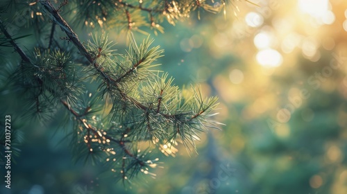 Emerald Embrace  Close-Up of a Pine Branch Bathed in Sunlight. Forest Symphony  Sunlight Dances on a Vibrant Pine Branch.