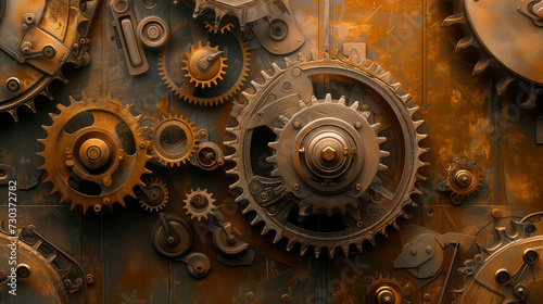 Background for a steampunk aesthetic wallpaper with a pattern of mechanical metal components and rusted gearwheels on the surface of a copper table