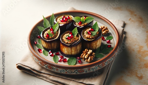 Elegant presentation of Georgian Badrijani Nigvzit on a traditional plate, showcasing unique flavors of vegetarian cuisine. 