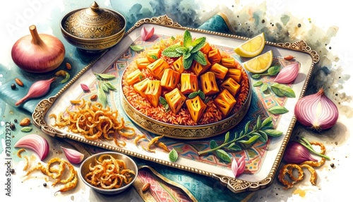 Artistic watercolor painting of Jackfruit Biriyani on an ornate Indian platter, celebrating vegetarian innovation with vibrant colors. 