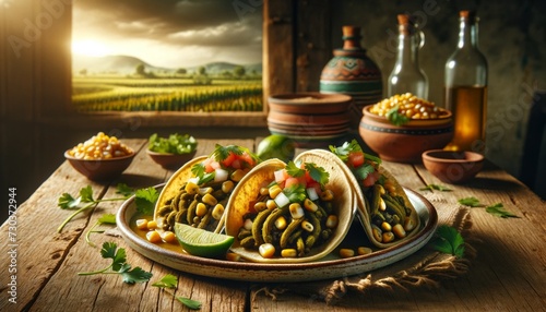Unique vegetarian Huitlacoche Tacos served on a rustic wooden table, showcasing the flavors of Mexican cuisine. 