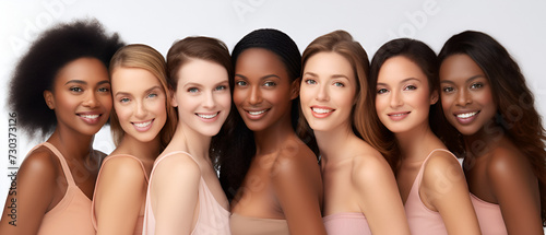 Portrait of beautiful women of different races smiling and happy on light background.