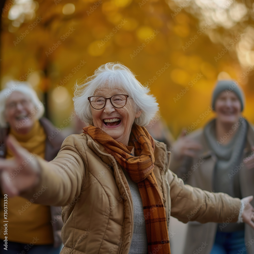 Energetic elderly group, outdoor activity, joyful ambiance