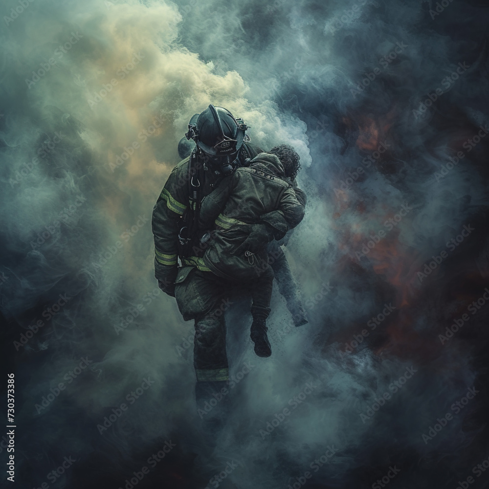 Firefighter carrying a person to safety, smoke-filled environment Firefighter carrying a person to safety, smoke-filled environment