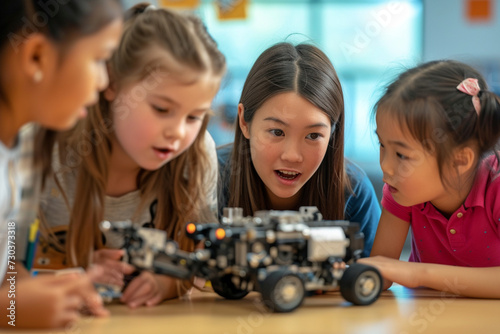 Elementary school coding: Teacher demonstrating mechanical robot programming to engaged young students during classroom STEM activity