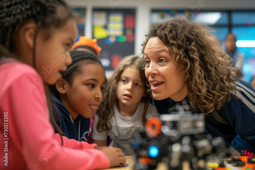 Elementary school coding  Teacher demonstrating mechanical robot programming to engaged young students during classroom STEM activity