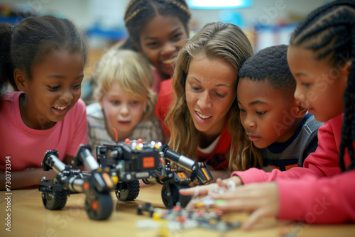 Elementary school coding: Teacher demonstrating mechanical robot programming to engaged young students during classroom STEM activity photo