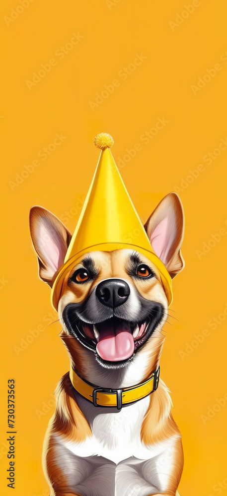 Funny dog in a yellow festive cap on a bright yellow background, vertical banner. Generated AI
