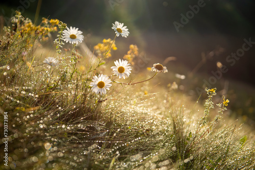 Field daisies among sparkling dew in the gentle morning light.