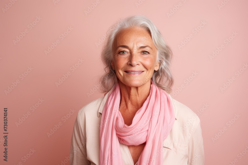 Portrait of smiling senior woman with pink scarf on pink background. Portrait of smiling senior woman with pink scarf on pink background.