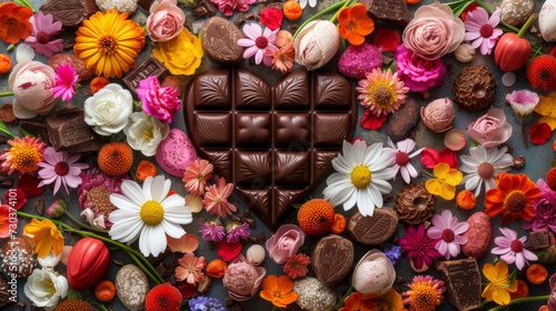 Valentines Day background with heart shaped chocolates and red roses and flowers. 