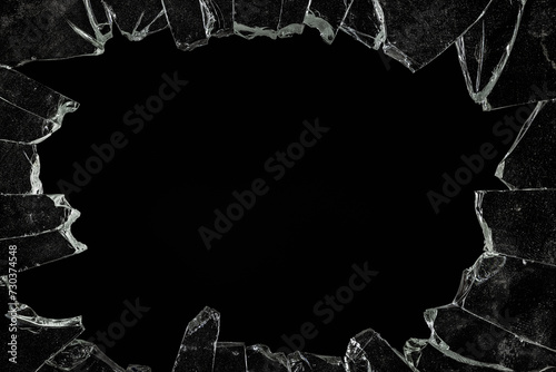Cracked Pieces Broken Glass Hole on Black Background