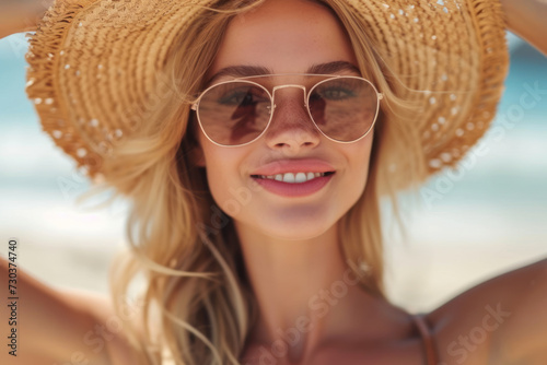 Sunny Beach Portrait of Smiling Blonde Woman with Stylish Hat and Sunglasses