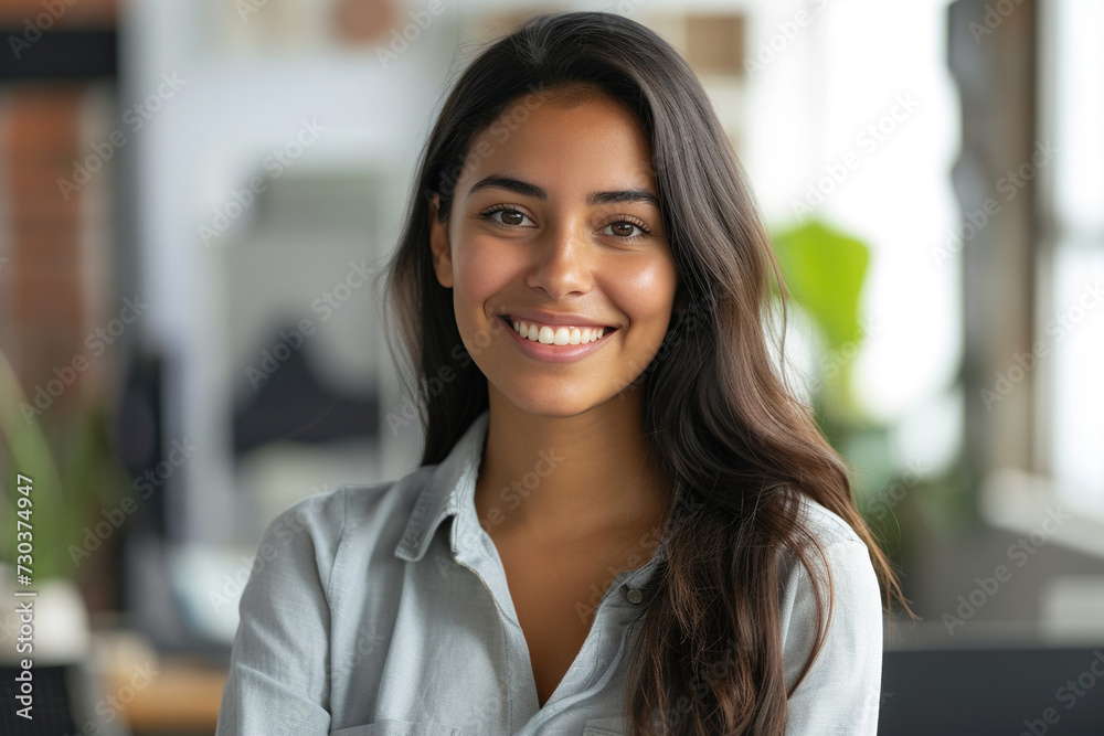 Obraz premium Confident Latin professional in office environment smiling at camera