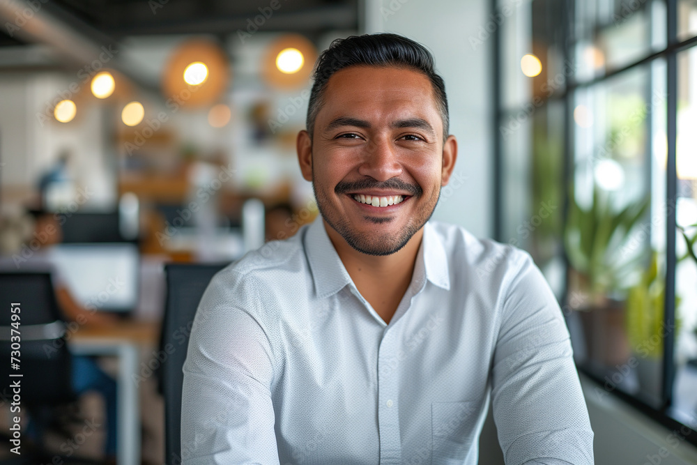 Confident Latin professional in office environment smiling at camera Confident Latin professional in office environment smiling at camera