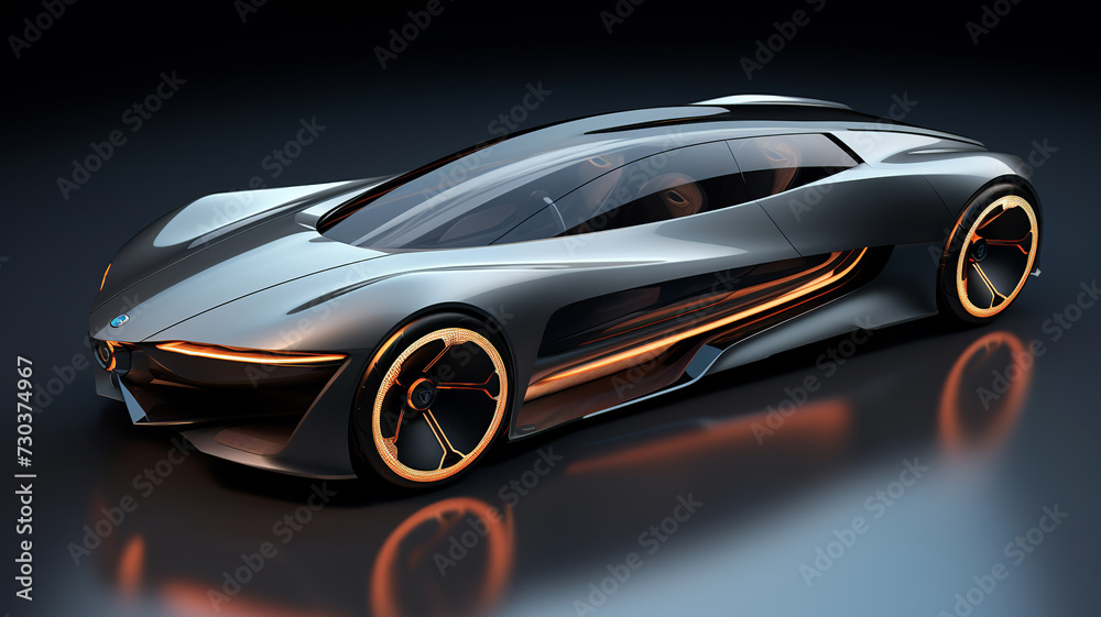 Futuristic cept car with a sleek design, featuring glowing orange accents and wheels, set against a dark reflective surface and background.Car concept.AI generated.