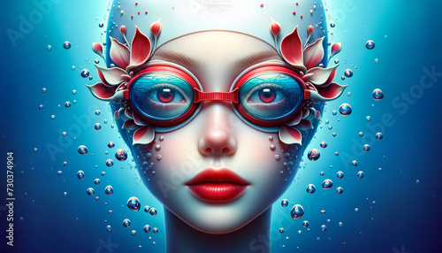 Surreal portrait of a woman with bright blue eyes, wearing swimming glasses, decorated with red and white flowers, surrounded by water bubbles. Portrait concept. AI generated.