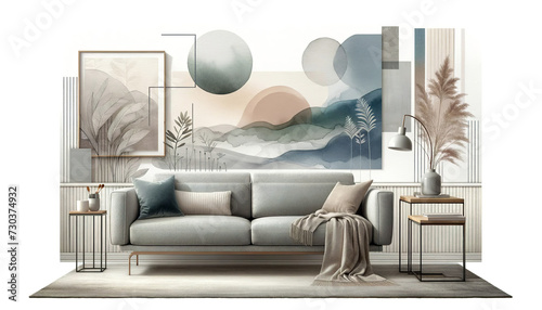 A modern and cozy living room interior with a neutral color palette, featuring a comfortable sofa, stylish decor, and a serene wall mural.Modern home concept. AI generated.