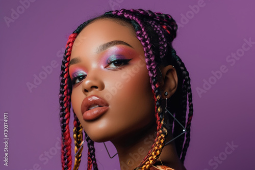Confident woman with purple background, stylish two tone braids and colorful makeup --ar 3:2 --style raw --v 6 Job ID: 6eaa0eba-3d2f-44bb-8a7b-b3a84dda887a