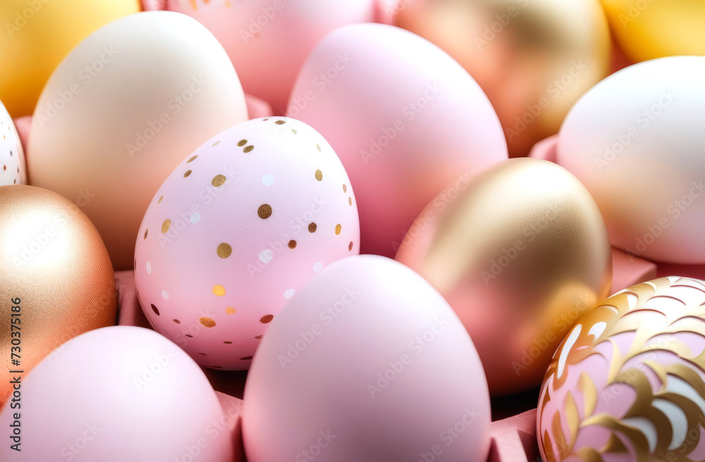Easter eggs in light pink and gold tones on a blue background..