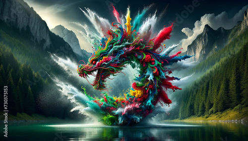 A vibrant, explosive fusion of colors forming a dragon-like creature over a serene mountain lake landscape.Digital art concept. AI generated.