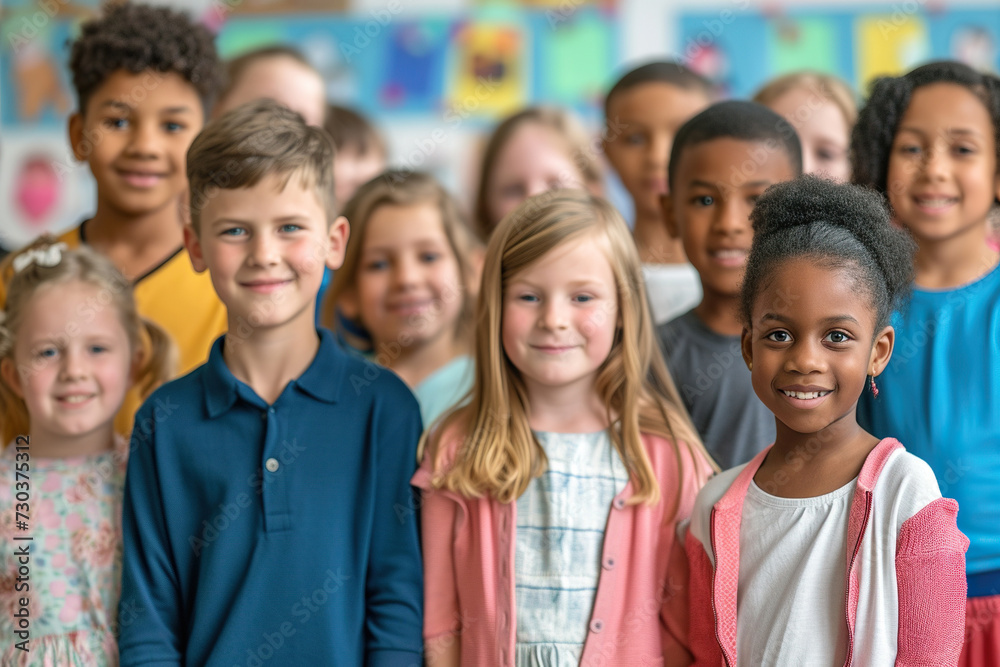 Group of elementary school students standing together in a classroom Group of elementary school students standing together in a classroom