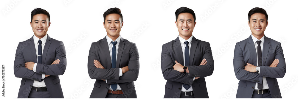 Set of a create prompt Asian male businessman crossing his arms and smiling on a Transparent Background Set of a create prompt Asian male businessman crossing his arms and smiling on a Transparent Background