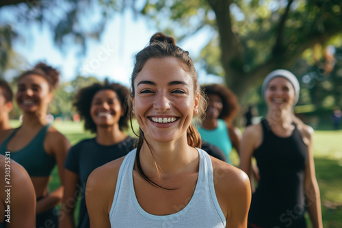 Group of happy cheerful joyful energetic sporty diverse people standing on green grass in sunny park and motivating you to start day with outdoor fitness workout.
