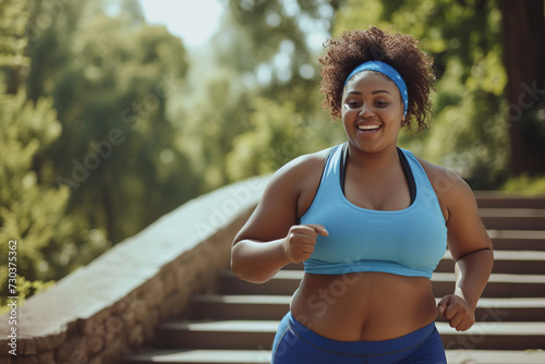 Happy smiling overweight African American woman jogging in park in summer. Portrait of cheerful beautiful fat plump chubby stout young lady in blue sports bra and sweatband running down stone steps photo